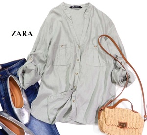 ザラ ZARA 大人カジュアル☆ リネンブレンド 麻混 ロールアップ袖 シャツ S