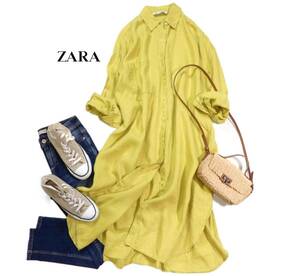 ザラ ZARA 大人素敵スタイル☆キレイ色 リネン ライク シャツ ワンピース 羽織にも♪ M ゆったり オーバーサイズ 