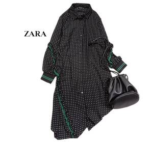 ザラ ZARA BASIC 大人素敵スタイル☆ ドット フリル アシンメトリー ロング シャツ ワンピース S