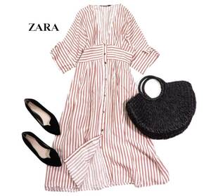 ザラ ZARA 大人素敵スタイル☆リネン レーヨン ウエストリボン ストライプ ロング ワンピース M