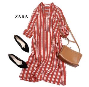 ザラ ZARA WOMAN 大人可愛い☆ シワ感 ストライプ ロールアップ袖 スリット ロング ワンピース M