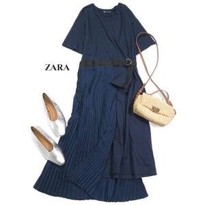 未使用 ザラ ZARA 大人可愛い☆ 異素材ドッキング カットソー プリーツ ウエストマーク ロング ワンピース S