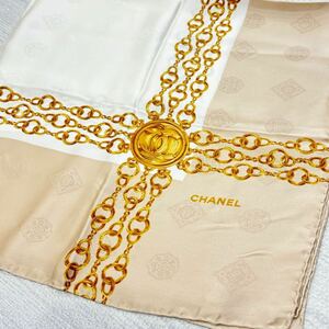 240517- 【良品】CHANEL シャネル ココマーク シルク 大判スカーフ 約87×87cm チェーン柄 服飾小物