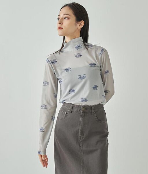 シースルートップス 長袖 ロゴプリントシアーハイネックトップス ANAP