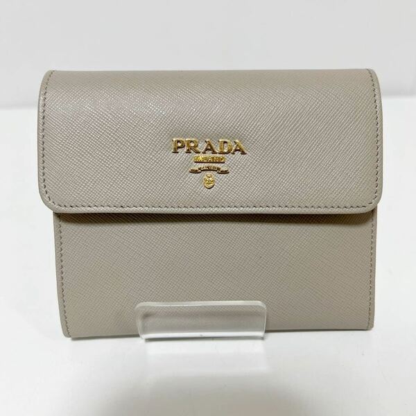PRADA プラダ 三つ折り財布 サフィアーノ メタル ロゴ金具 1M0170 グレージュ 中古