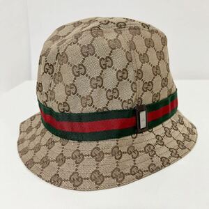 GUCCI グッチ GGキャンバス シェリーライン バケットハット L キャメル 中古 