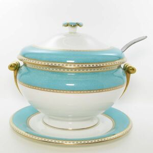 ウェッジウッド スープチュリーン■ユーランダー パウダーターコイズ チュリーン アンダープレート レードル セット WEDGWOOD 1級品