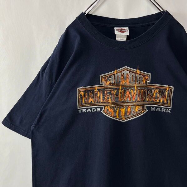 ハーレーダビッドソン Tシャツ ビッグプリント 古着 XLサイズ ネイビー