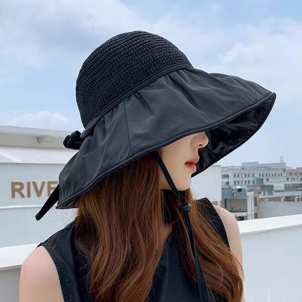 ブラック　麦わら帽子　ハット　UV対策　つば広　折りたたみ　コンパクト　リボン　 帽子　 黒