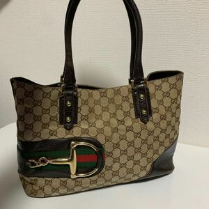 良品　GUCCI グッチ GGキャンバス シェリーライン トートバッグ ハンドバッグ　ジャッキー　ブラウン