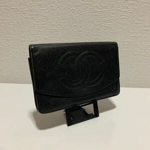 良品　CHANEL シャネル キャビアスキン 長財布 ココマーク ブラック 大きめ 