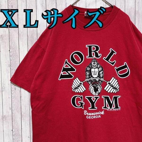 古着【入手困難】ワールドジム/WORLD GYM センターロゴ　輸入品　半袖　ボデイビル・格闘技　筋トレ 海外古着　夏服　春服