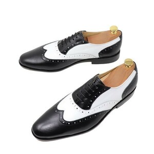 28cm メンズ 本革 ウィングチップ ホワイト ブラック 白 黒 コンビ コレスポンデント ハンドメイド マッケイ 衣装靴 パーティー靴 1062