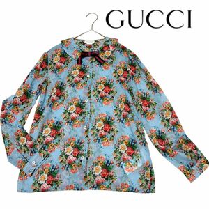 極美品【GUCCI】 グッチ フローラ柄 フラワー シアーシャツ ブラウス コットン 花柄 長袖シャツ　シースルー