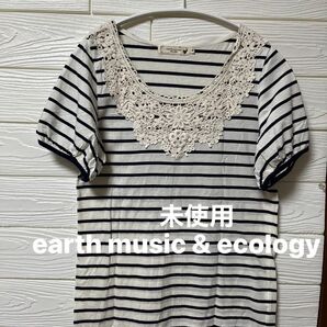 【未使用】earth music & ecology 襟レース 半袖 ボーダーカットソー