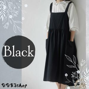  One-piece apron black kitchen Cafe working clothes simple lady's stylish lovely work put on gardening eat and drink shop 