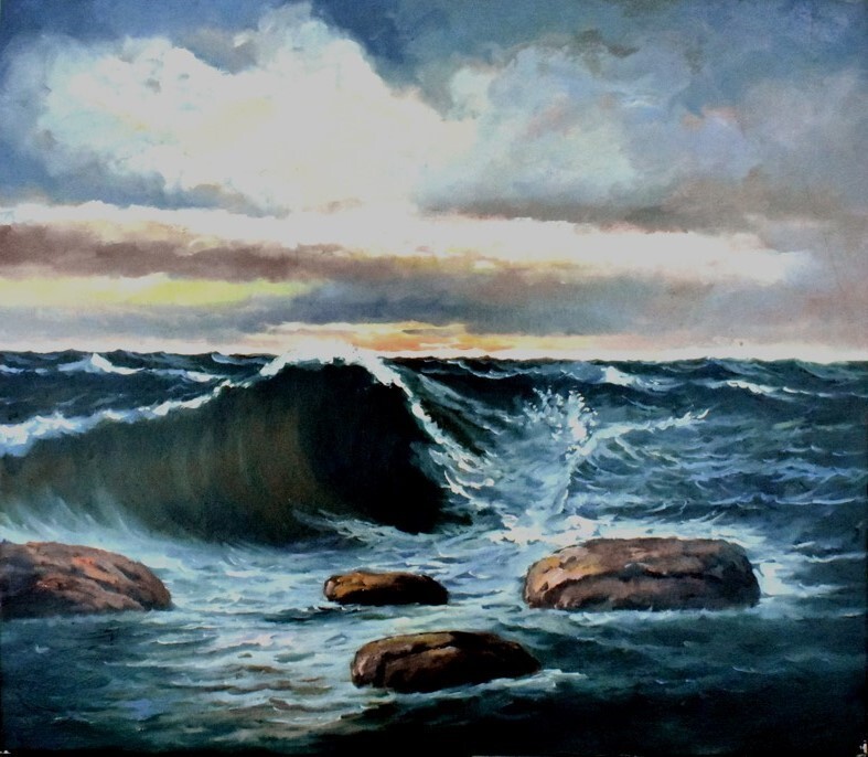 一幅令人大开眼界的作品, 以丰富而强烈的情感描绘了黎明的海浪。油画！作者不详, 尺寸 10 海洋 *裱框作品* [Masami 画廊], 绘画, 油画, 自然, 山水画