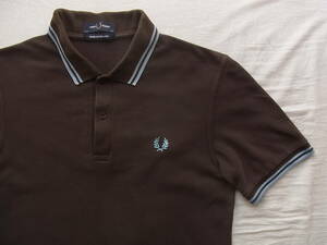 FRED PERRY フレッド ペリー 鹿の子素材　ライン入りポロシャツ　サイズ 96cm/38 ブラウンベース　MADE IN ENGLAND