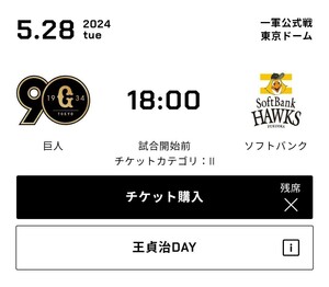 王貞治DAY 5/28(火) 18:00 東京ドーム 巨人vs福岡ソフトバンク 3塁側 指定席B 通路側 2枚連番 5月28日