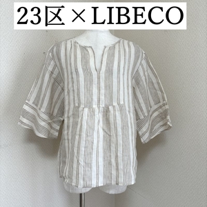 23区×LIBECO リネン 半袖 ブラウス スキッパーシャツ チュニックブラウス ベージュ ストライプ 38