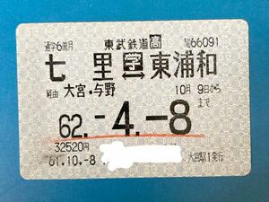 昭和レトロ　61年　七里-東浦和駅　定期券　通学定期 使用済み