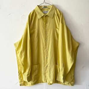 ヴィンテージ コットン35% ポリ65% 長袖 キューバシャツ 4 オーバーサイズ XXL メンズ古着 黄色 イエローフロント4ポケット ドレスシャツ