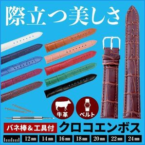 腕時計 ベルト ブラック 14mm 交換工具&バネ棒付 牛革 クロコエンボスの画像2