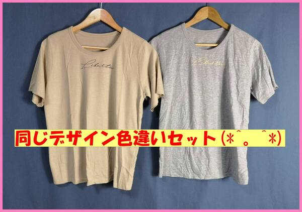 TSET‐264☆夏☆サンプル品☆送料込み☆即決☆ナチュラル系☆Tシャツ素材☆色違い☆2枚セット☆M~L☆ベージュとグレー☆胸ロゴ