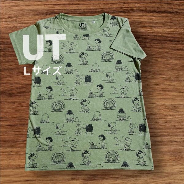 （未使用）ユニクロUT スヌーピー Tシャツ モスグリーン レディースL SNOOPY 半袖 UNIQLO