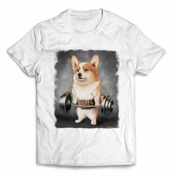 ウェルシュ・コーギー いぬ 犬 筋トレ 筋肉 ウエイトリフティングジム Tシャツ 半袖Tシャツ