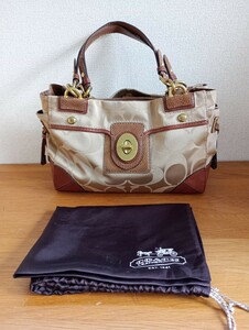 ☆COACH　コーチ　トートバッグ　シグネチャー　14507　ベージュ×ブラウン　保存袋付き　中古