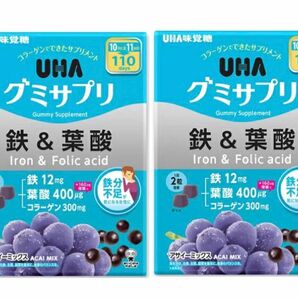 UHA味覚糖 グミサプリ 鉄 ＆ 葉酸 220粒 110日分×2箱セット　アサイーミックス味 新品　賞味期限2025年8月以降