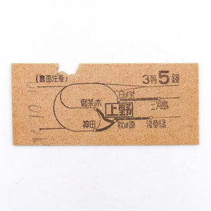 昭和16年　地図式　B型　硬券　【 上野駅 】　鉄道　切符　乗車券　使用済み　3等5銭