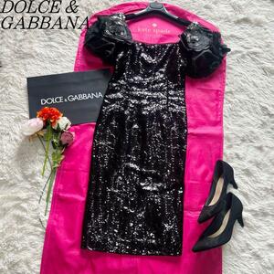 【美品】DOLCE&GABBANA スパンコールロングドレス ブラック 40　ドルチェアンドガッバーナ　L　黒　ワンピース