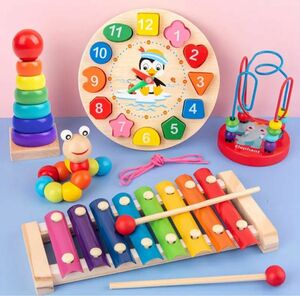 新品 5点セット 赤ちゃん おもちゃ まとめ売り 木のおもちゃ 楽器 知育玩具　積み木　積木　木琴 時計 モンテッソーリ