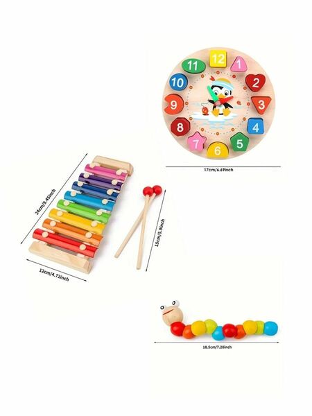 新品 3点セット 赤ちゃん おもちゃ まとめ売り 木のおもちゃ 楽器 知育玩具　積み木　積木　木琴 時計 モンテッソーリ