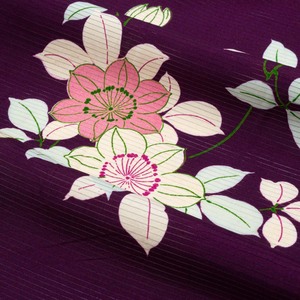 アンティーク着物 絽 友禅 クレマチスの花の図 紫 正絹 レトロ
