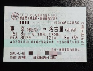 ６月３日　新幹線　東京→名古屋 指定席　乗車券込み　１枚　