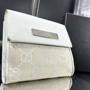 1円〜 GUCCI グッチ メンズ レディース 折財布 GG レザー×キャンバス ロック ロゴプレート 札入れ コインケース ホワイト 白系