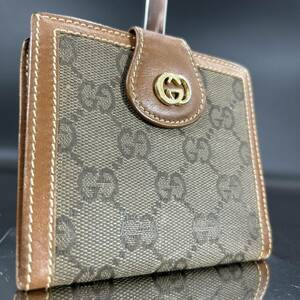 【美品】1円〜 GUCCI グッチ 折財布 財布 がま口 インターロッキング レザー GG キャンバス ロゴ メンズ レディース ブラック ウォレット