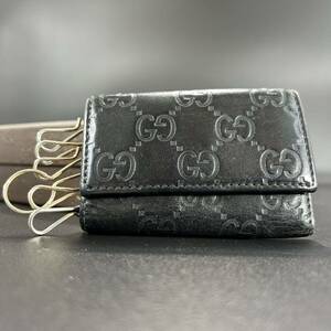 1円〜 GUCCI グッチ キーケース 鍵入れ ６連 シマ レザー GG ロゴ メンズ レディース ブラック 黒