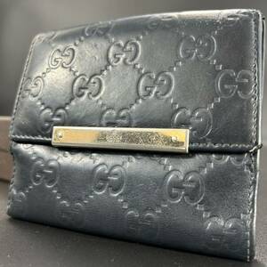 1円〜 GUCCI グッチ 折り財布 シマ レザー GG ロゴプレート コンパクト 黒 ブラック 二つ折り 2つ折り財布 ウォレット Wallet