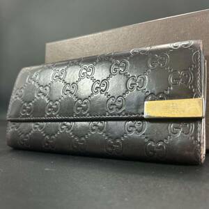 1円〜 GUCCI グッチ 長財布 財布 シマ レザー ロゴ金具 ブラウン 茶色系 ウォレット Wallet メンズ レディース