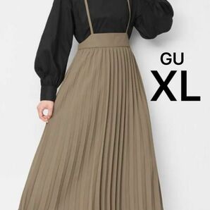GU プリーツサスペンダー付きスカートQ ブラウン　XL ロングスカート　プリーツスカート