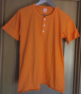 評価参照！美品！USA製　Lサイズ！ ヘルスニット ヘンリーネック Tシャツ 猫目ボタン Healthknitオレンジ　匿名配送230円