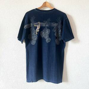 京都 衣 藍染 染め抜き刺繍入り 半袖 Tシャツ Lサイズ COROMOOL コロモール オスティアジャパン インディゴ 河童 カッパ 和柄