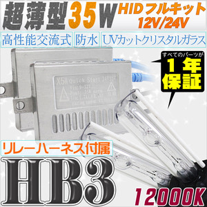 高性能 薄型HIDキット 35W HB3 リレー付 12000K 12V/24V 【交流式バラスト＆クリスタルガラスバーナー】