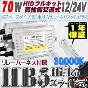 高性能 薄型HIDキット 70W HB5 Hi/Lo スライド式 リレー付 30000K 12V/24V 【交流式バラスト＆クリスタルガラスバーナー】