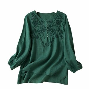 秋新品 ブラウスシャツ レディース お花刺繍 綿麻 長袖 トップス ゆったり 大きいサイズ 通勤大人緑