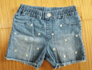 キッズ　半ズボン　ショートパンツ　ショーパン デニム　パンツ デニムショートパンツ ブルー 130 女児　花柄　フラワー　刺繍　デイジー　